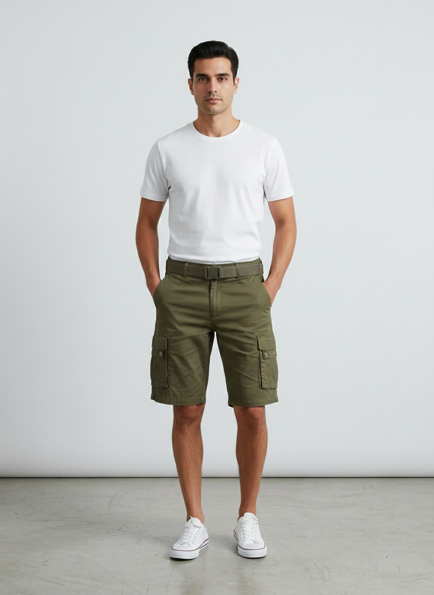 Multi-Pocket Casual Mid-Rise Men's Cargo Shorts for Summer Wear (Belt Not Included)
