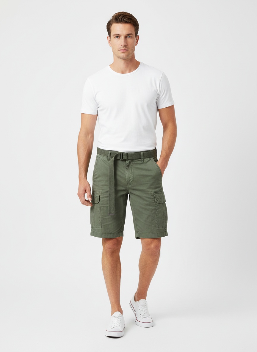 Relaxed Fit Retro Multi-Pocket Men's Cargo Shorts for Summer Outdoor Wear  (Belt Not Included)