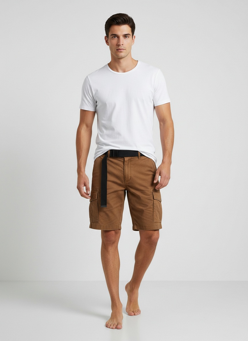 Relaxed Fit Retro Multi-Pocket Men's Cargo Shorts for Summer Outdoor Wear  (Belt Not Included)