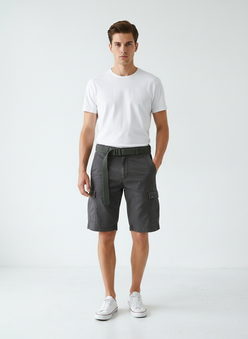 Relaxed Fit Retro Multi-Pocket Men's Cargo Shorts for Summer Outdoor Wear  (Belt Not Included)