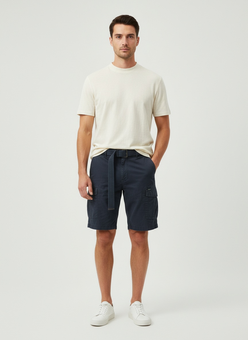 Relaxed Fit Retro Multi-Pocket Men's Cargo Shorts for Summer Outdoor Wear  (Belt Not Included)