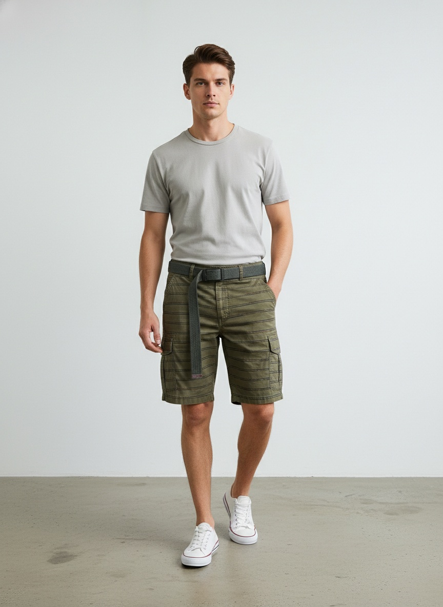 Relaxed Fit Striped Men's Cargo Shorts for Summer Casual Wear  (Belt Not Included)