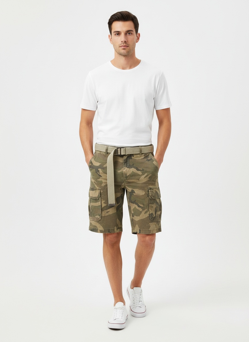 Military Style Multi-Pocket Camouflage Men's Cargo Shorts for Summer Casual Wear  (Belt Not Included)