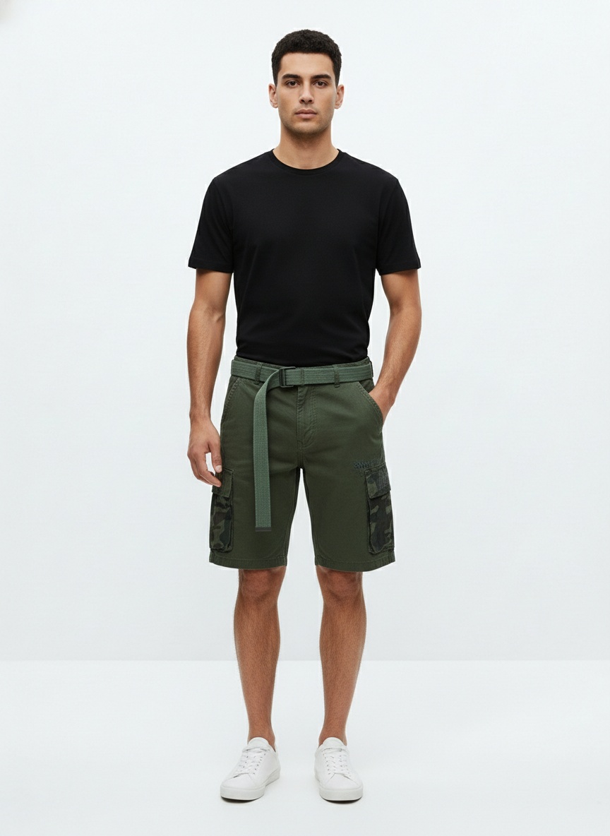 Army Green Multi-Pocket Camouflage Men's Cargo Shorts for Summer Wear  (Belt Not Included)