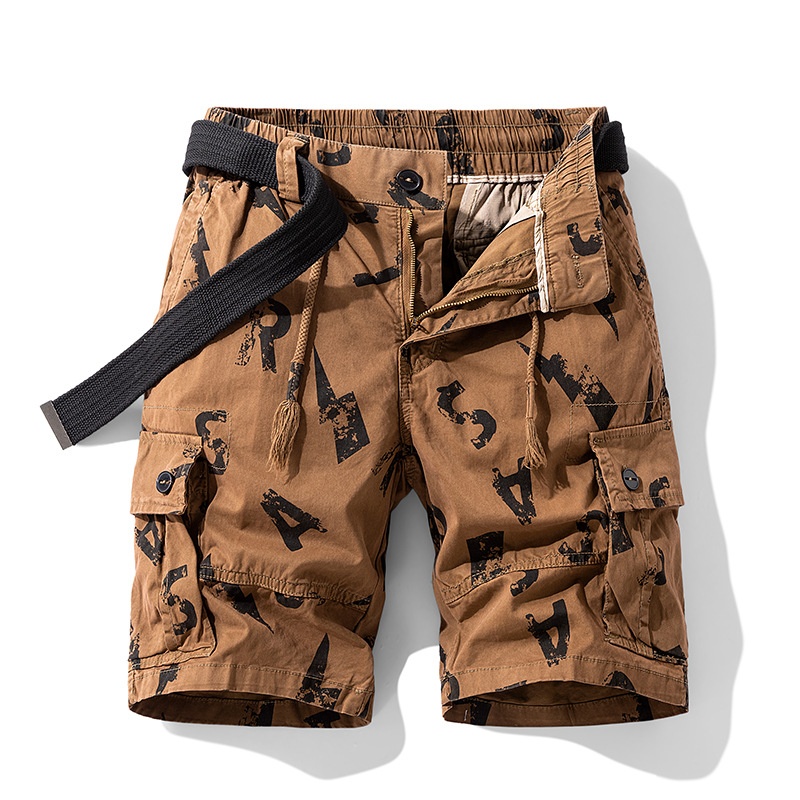 Letter Print Multi-Pocket Men's Cargo Shorts for Summer Casual Wear  (Belt Not Included)