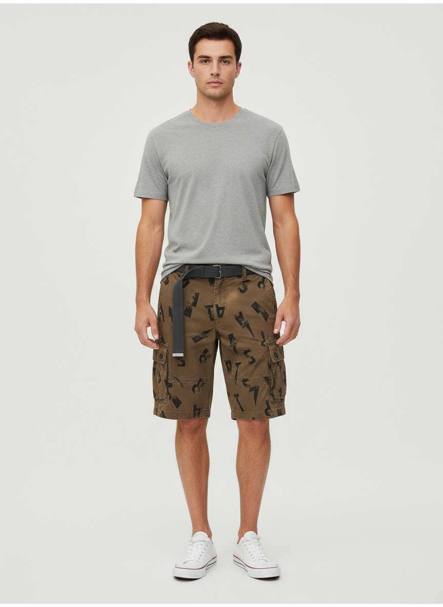 Letter Print Multi-Pocket Men's Cargo Shorts for Summer Casual Wear  (Belt Not Included)