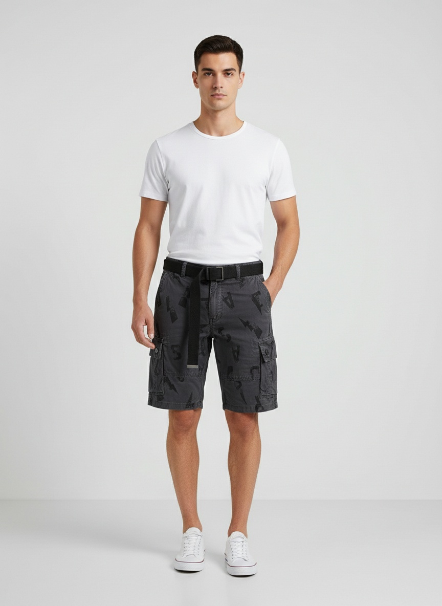 Letter Print Multi-Pocket Men's Cargo Shorts for Summer Casual Wear  (Belt Not Included)