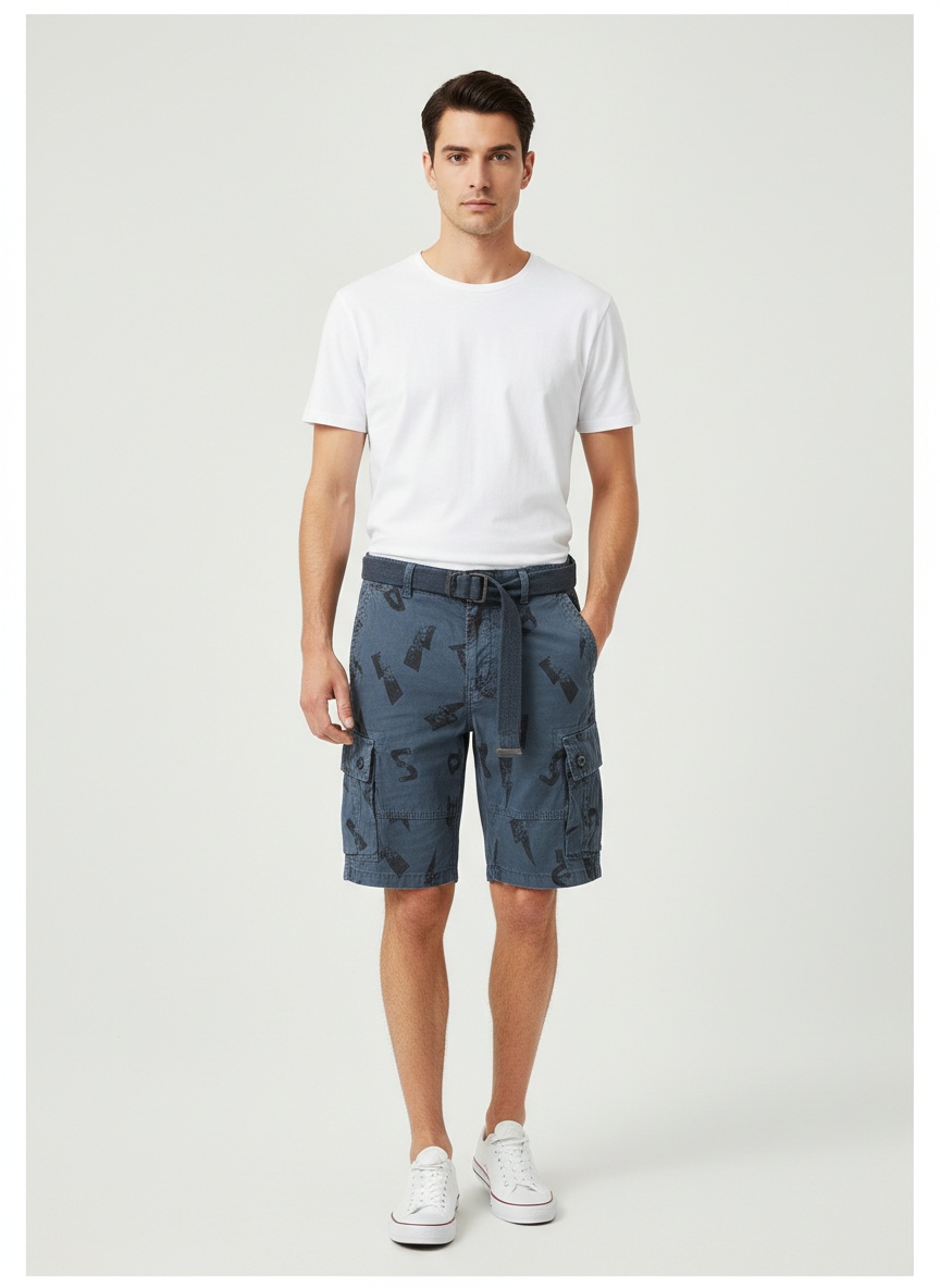 Letter Print Multi-Pocket Men's Cargo Shorts for Summer Casual Wear  (Belt Not Included)