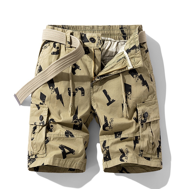Letter Print Multi-Pocket Men's Cargo Shorts for Summer Casual Wear  (Belt Not Included)