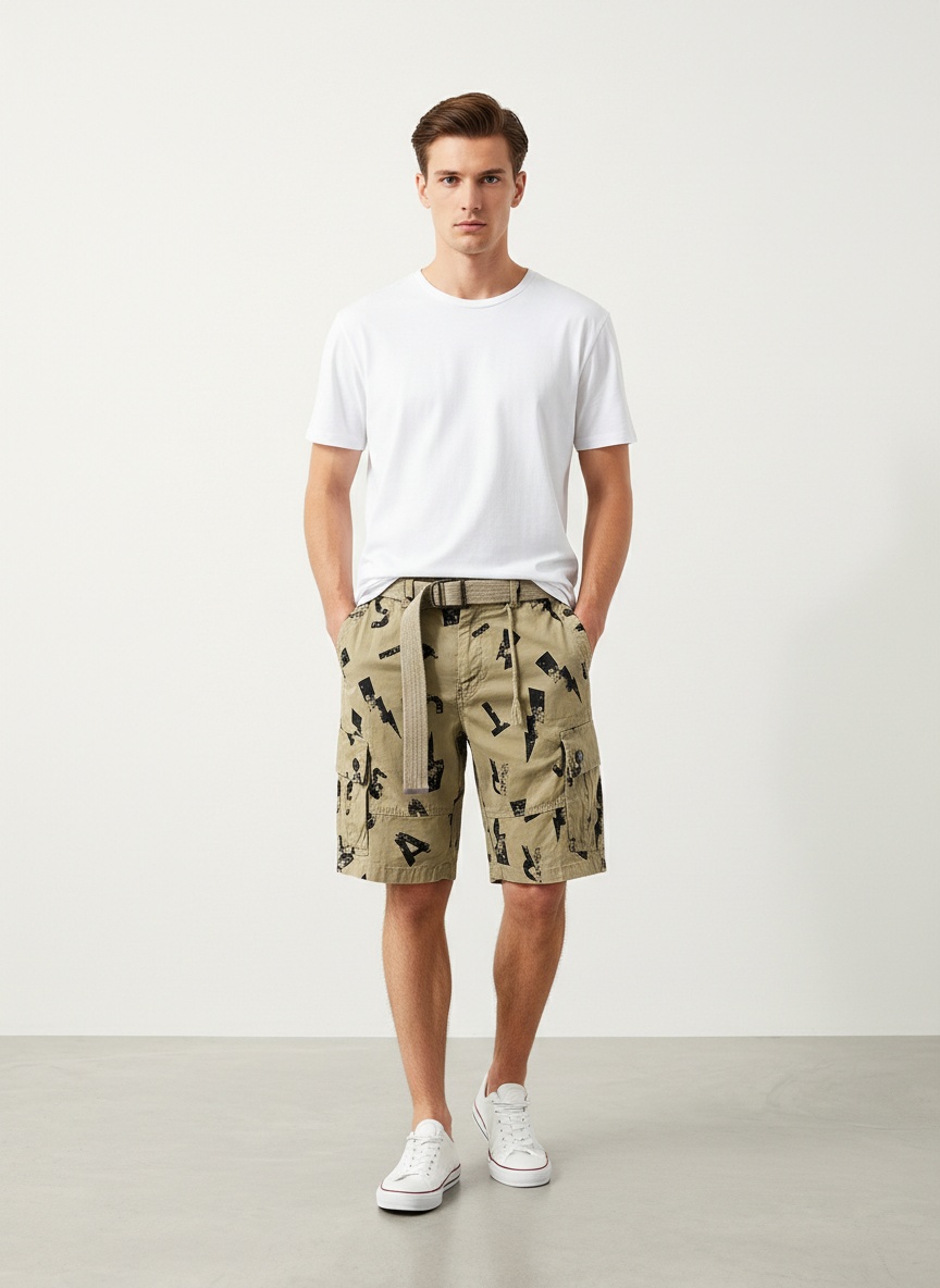 Letter Print Multi-Pocket Men's Cargo Shorts for Summer Casual Wear  (Belt Not Included)