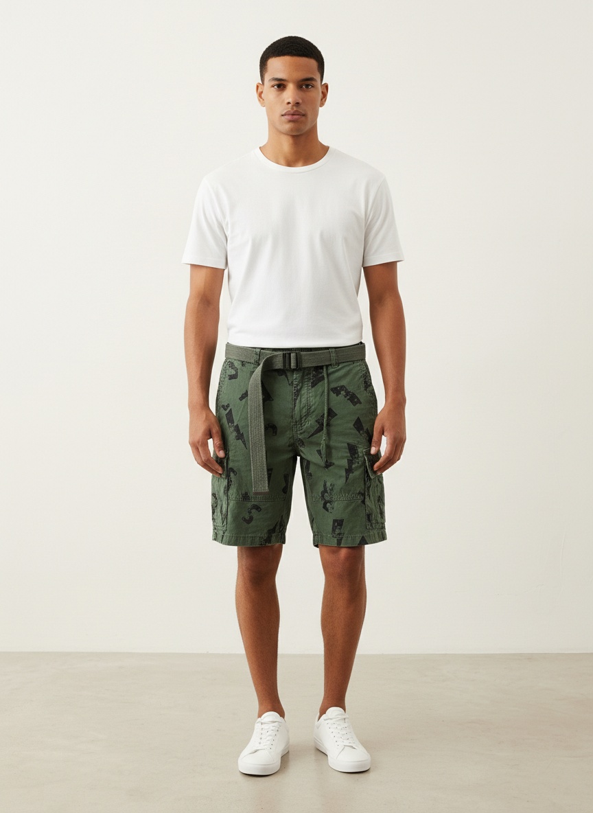 Letter Print Multi-Pocket Men's Cargo Shorts for Summer Casual Wear  (Belt Not Included)