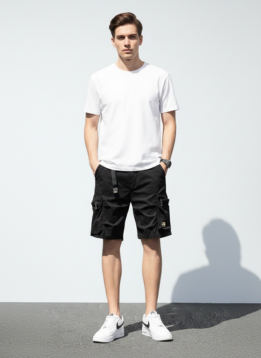 Pantalones cortos cargo vintage de corte holgado con múltiples bolsillos para hombre, ideales para uso informal.