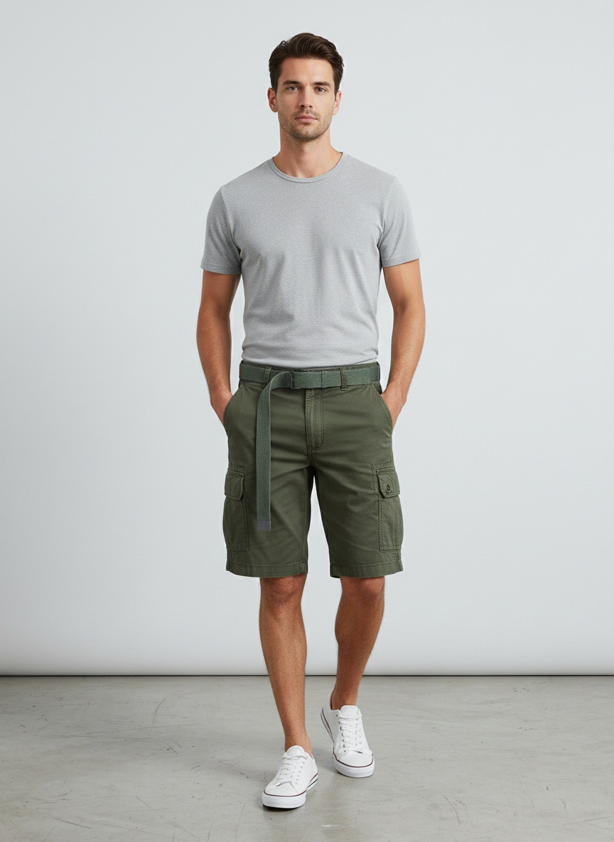 Retro Minimalist Men's Cargo Shorts for Summer Casual Wear  (Belt Not Included)