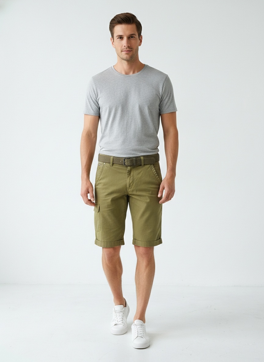 Pantalones cortos cargo minimalistas de corte elástico y color liso para hombre, ideales para uso informal de verano (cinturón no incluido).