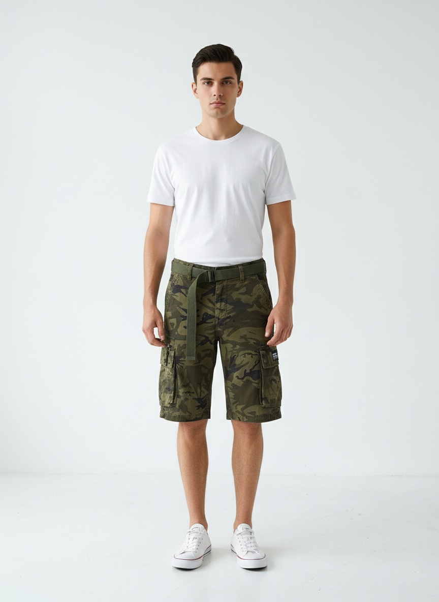 Herren-Cargoshorts mit Camouflage-Muster, Stretchanteil und lockerer Passform für sommerliche Freizeitkleidung (Gürtel nicht enthalten)