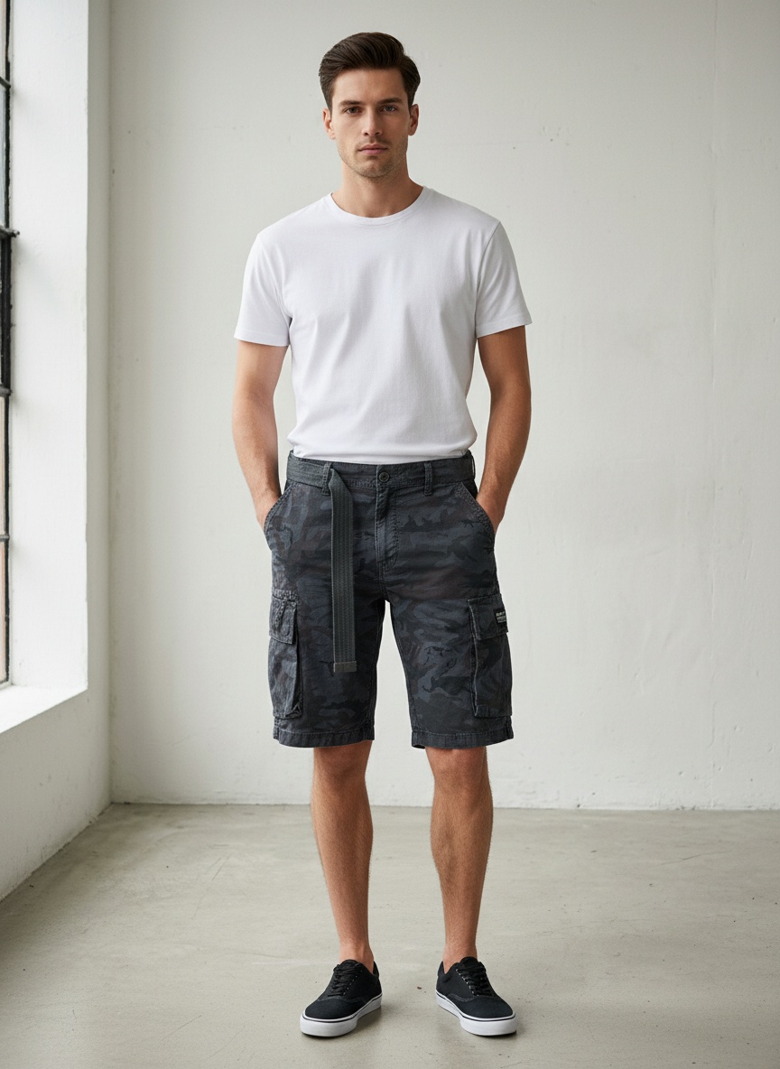 Herren-Cargoshorts mit Camouflage-Muster, Stretchanteil und lockerer Passform für sommerliche Freizeitkleidung (Gürtel nicht enthalten)