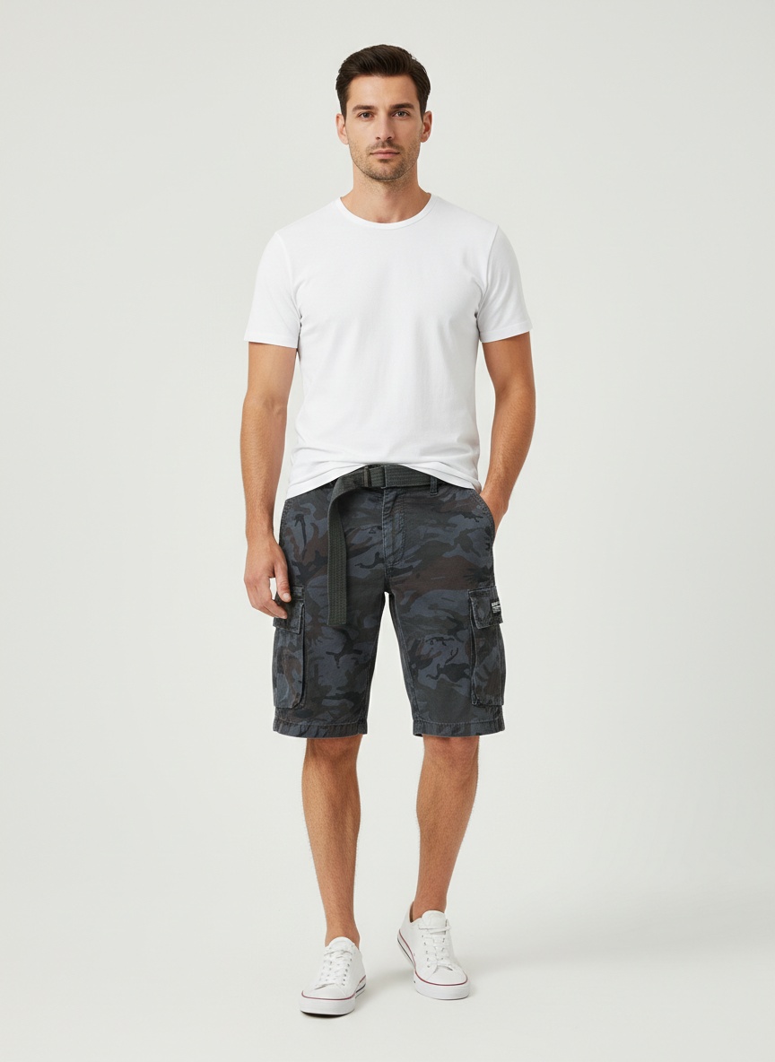Herren-Cargoshorts mit Camouflage-Muster, Stretchanteil und lockerer Passform für sommerliche Freizeitkleidung (Gürtel nicht enthalten)