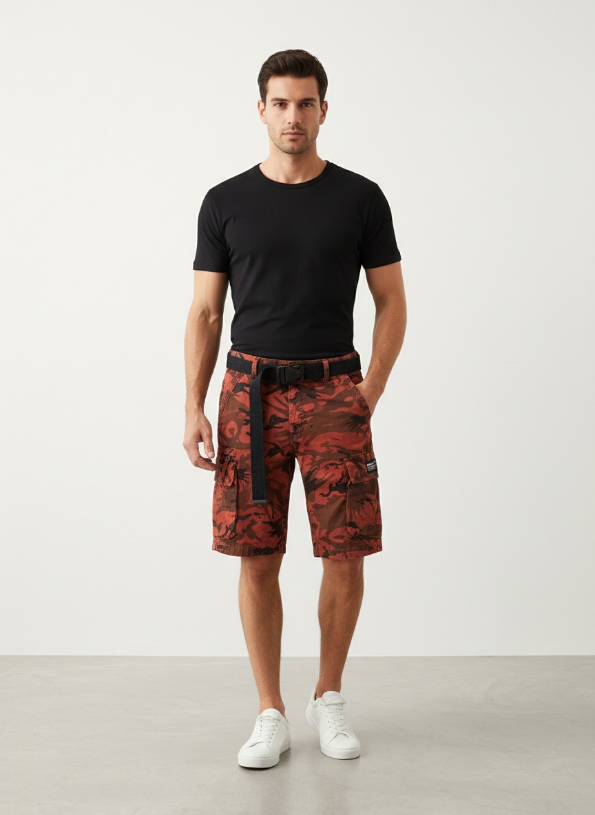 Herren-Cargoshorts mit Camouflage-Muster, Stretchanteil und lockerer Passform für sommerliche Freizeitkleidung (Gürtel nicht enthalten)