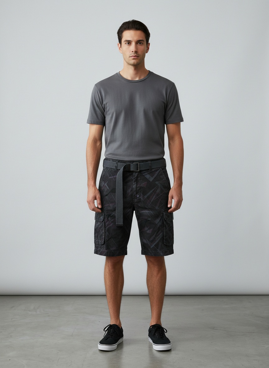 Pantalones cortos cargo con estampado gráfico y múltiples bolsillos para hombre, ideales para exteriores en verano.