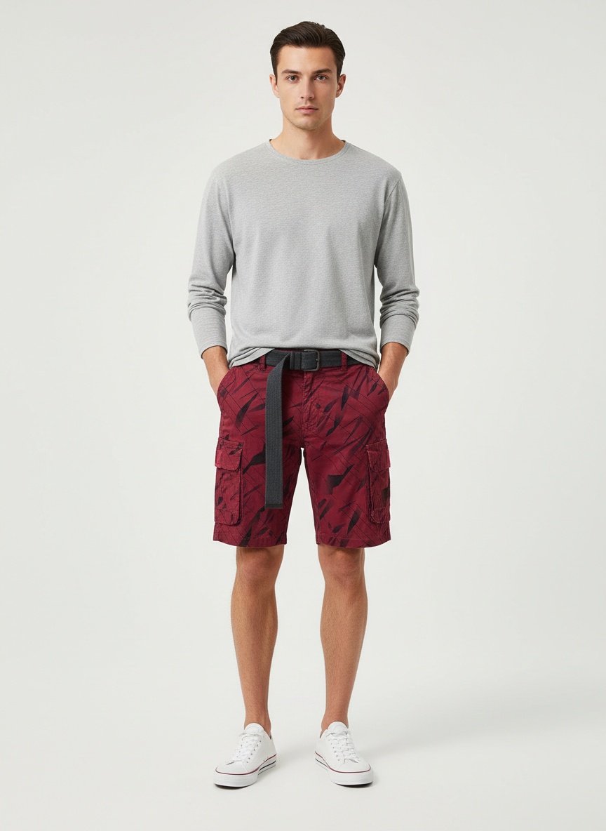 Pantalones cortos cargo con estampado gráfico y múltiples bolsillos para hombre, ideales para exteriores en verano.