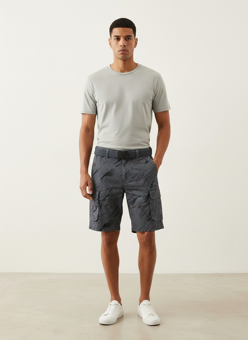 Pantalones cortos cargo con estampado gráfico y múltiples bolsillos para hombre, ideales para exteriores en verano.