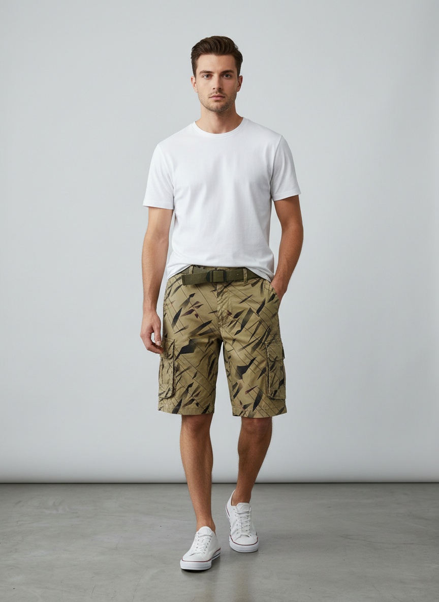 Pantalones cortos cargo con estampado gráfico y múltiples bolsillos para hombre, ideales para exteriores en verano.