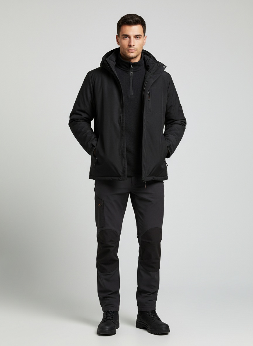 Chaqueta de hombre con forro polar grueso y corte 3D con capucha desmontable para uso informal en invierno.