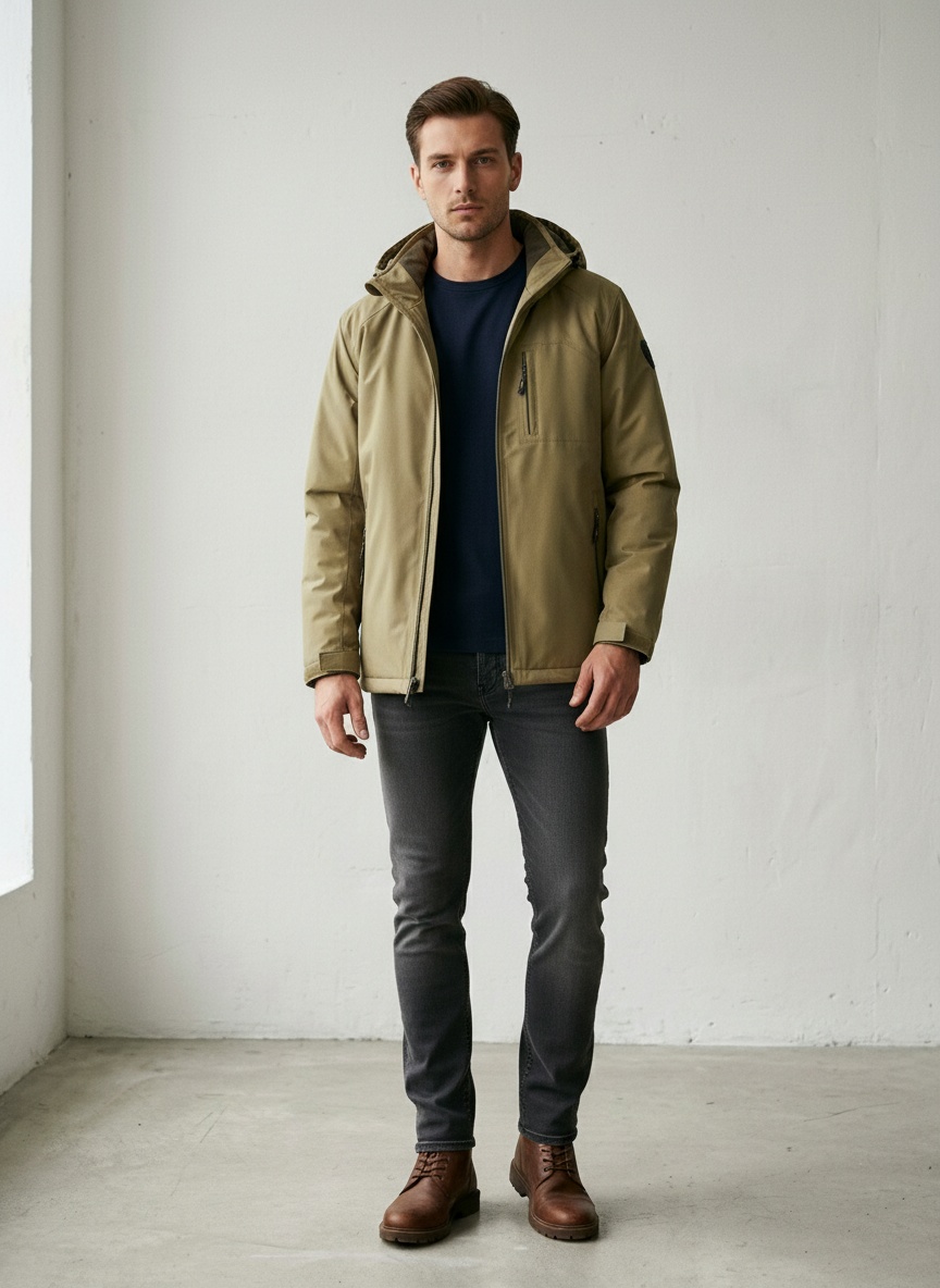 Chaqueta de hombre con forro polar grueso y corte 3D con capucha desmontable para uso informal en invierno.