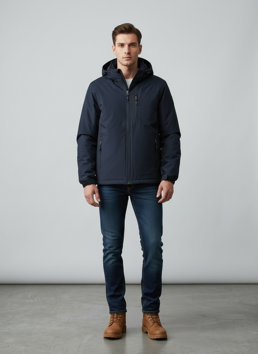 Chaqueta de hombre con forro polar grueso y corte 3D con capucha desmontable para uso informal en invierno.