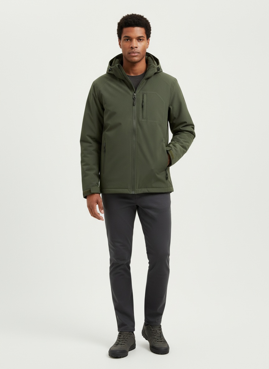 Chaqueta de hombre con forro polar grueso y corte 3D con capucha desmontable para uso informal en invierno.