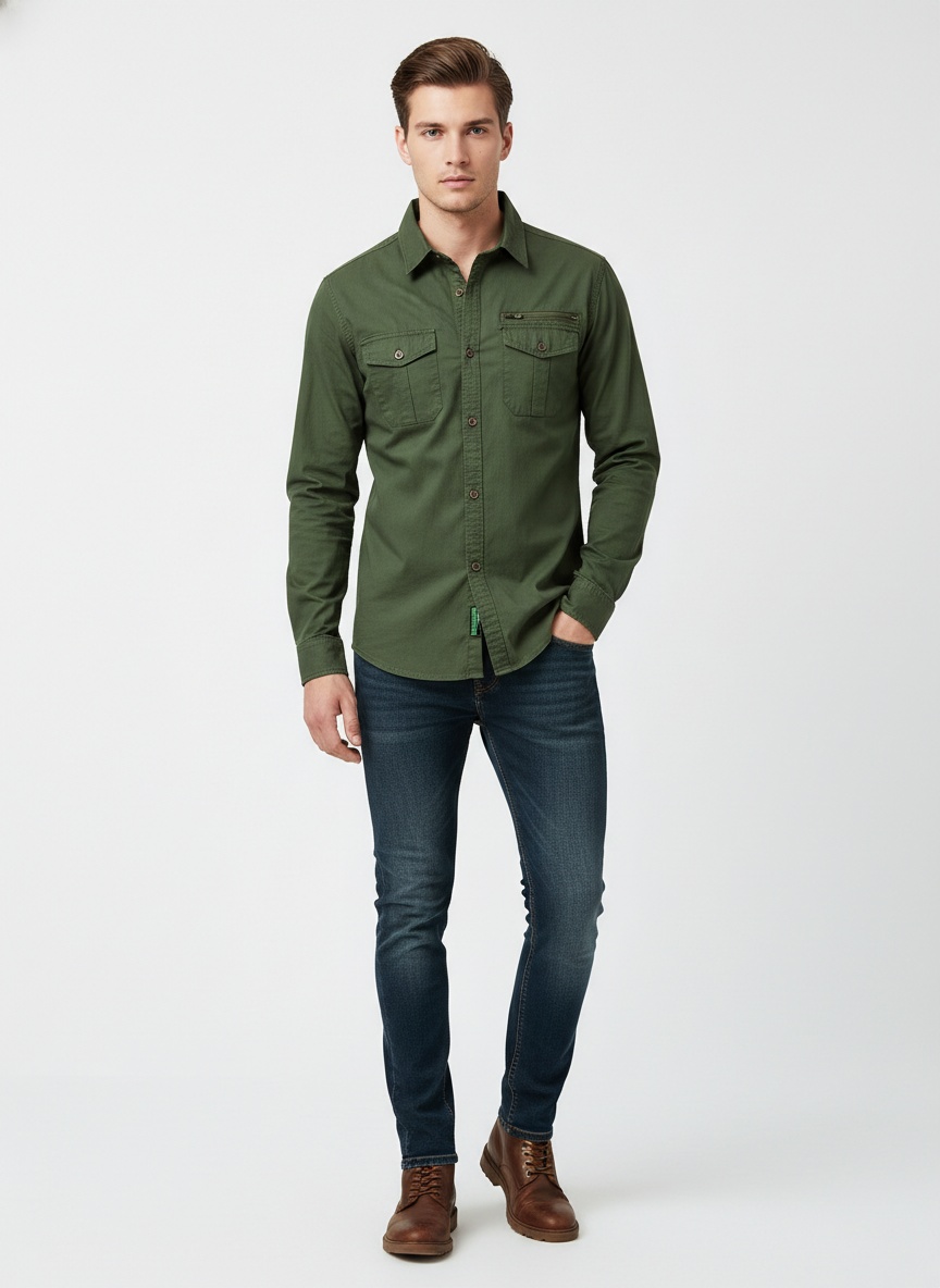 Camisa cargo elástica de inspiración vintage para hombre para uso informal