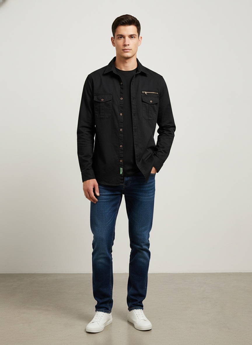 Camisa cargo elástica de inspiración vintage para hombre para uso informal