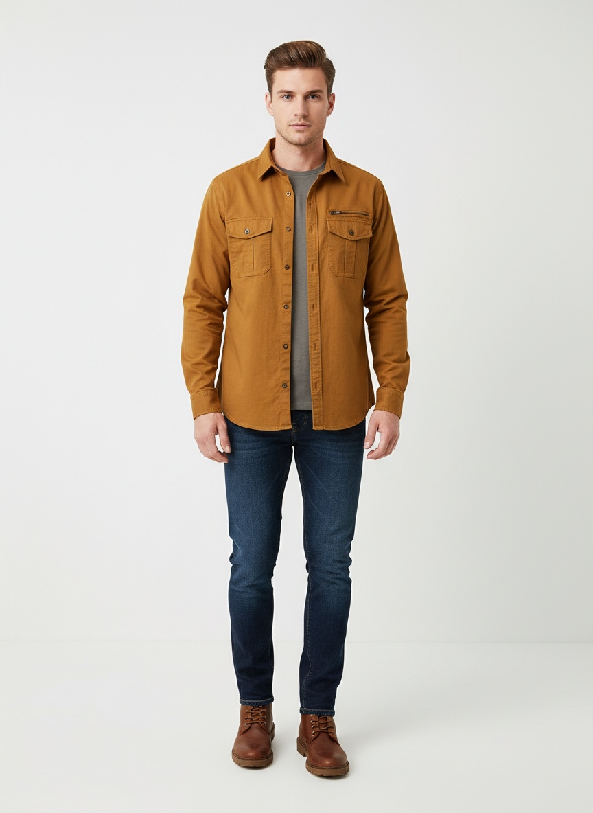 Camisa cargo elástica de inspiración vintage para hombre para uso informal