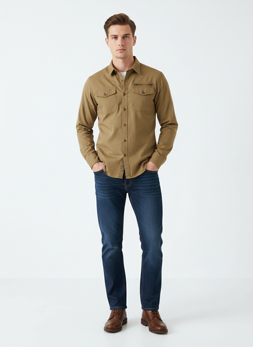 Camisa cargo elástica de inspiración vintage para hombre para uso informal