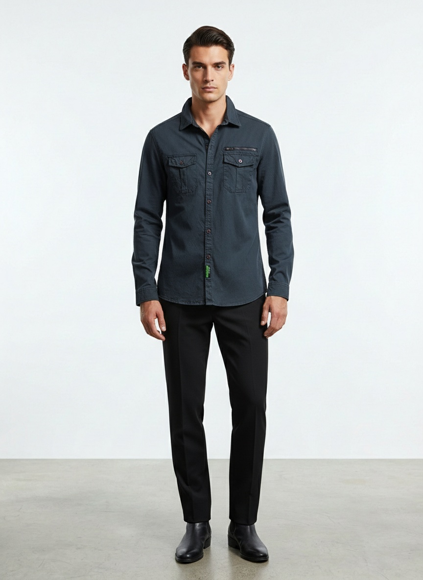 Camisa cargo elástica de inspiración vintage para hombre para uso informal