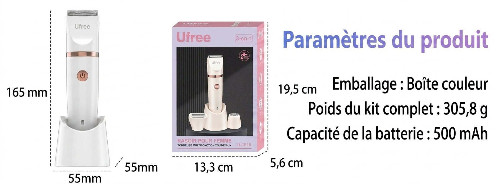Rasoir et tondeuse électrique pour femmes - Utilisation indolore sur peau sèche ou humide