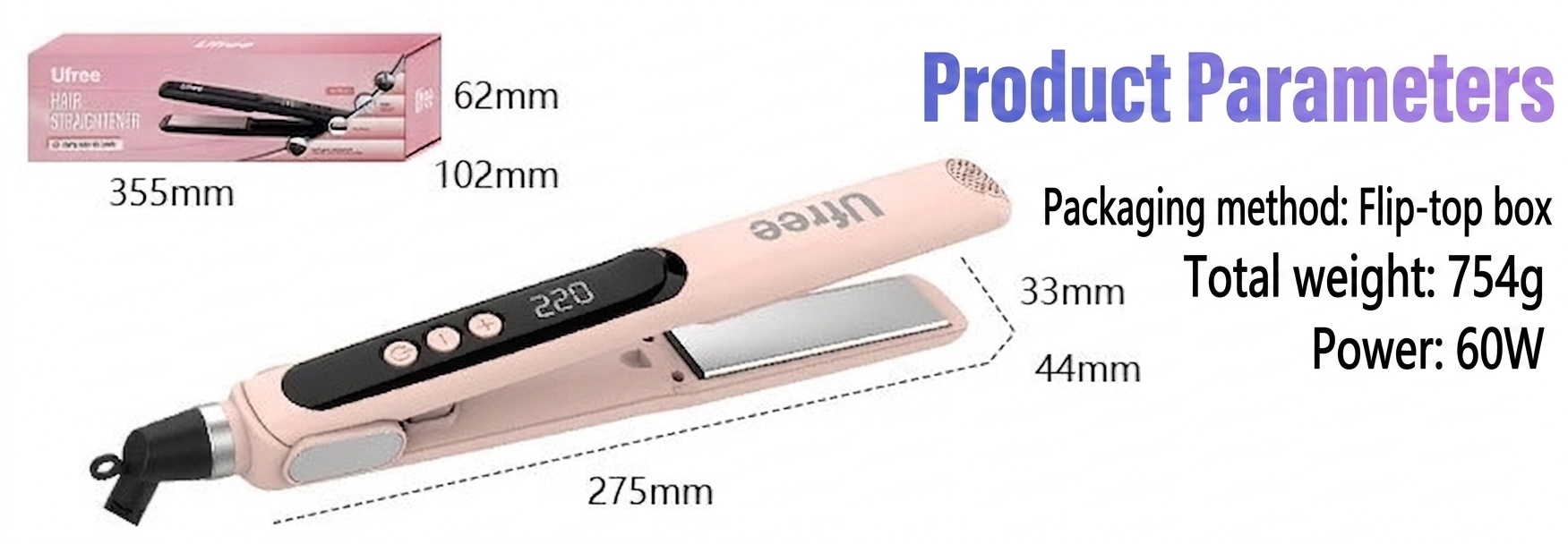 Professional Ceramic Hair Straightener - Pink (EU Plug only)