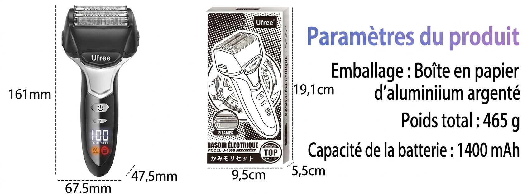 Rasoir électrique à grille pour hommes - Tondeuse étanche et rechargeable