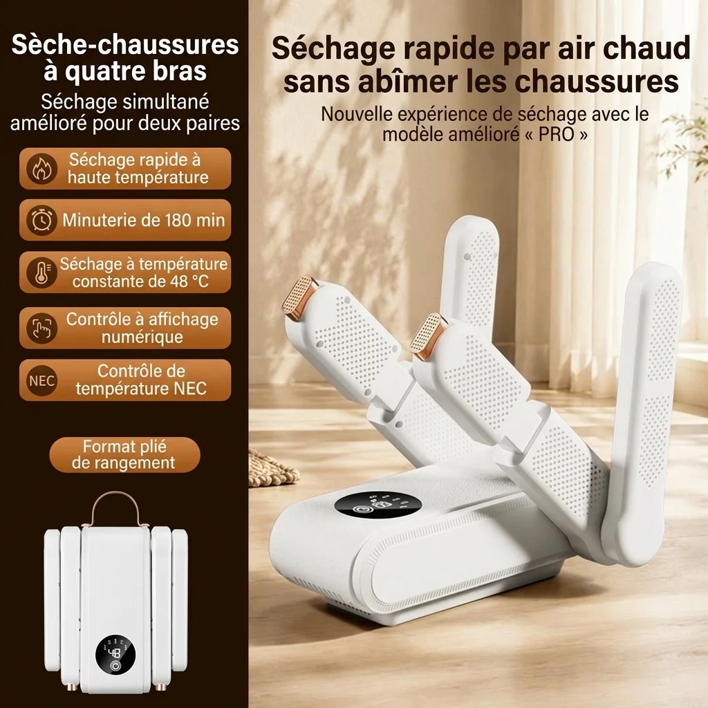 Sèche-chaussures électrique pliable à plusieurs bras avec affichage numérique