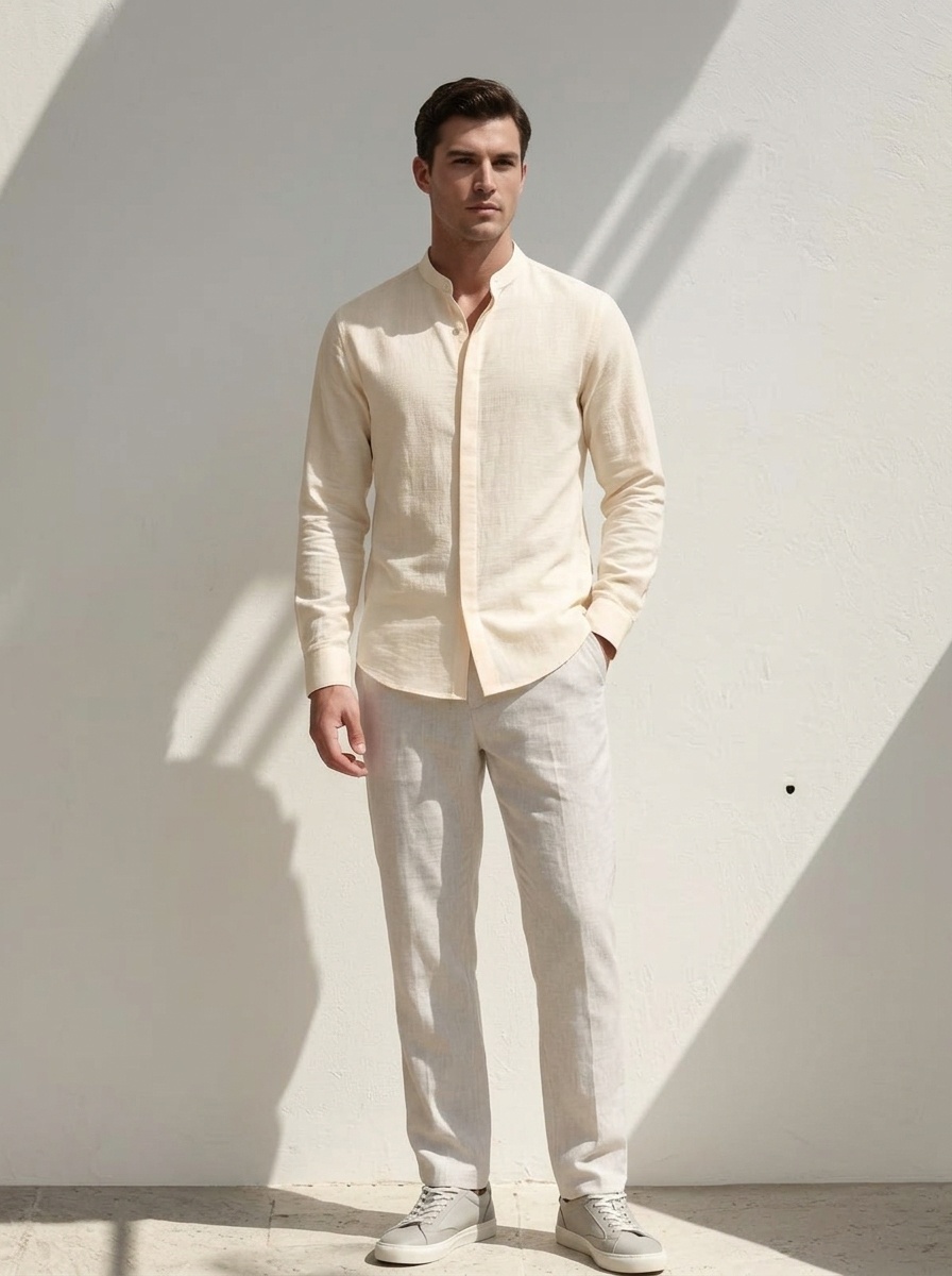 Camisa de hombre con cuello alto y tacto de lino - Manga larga informal