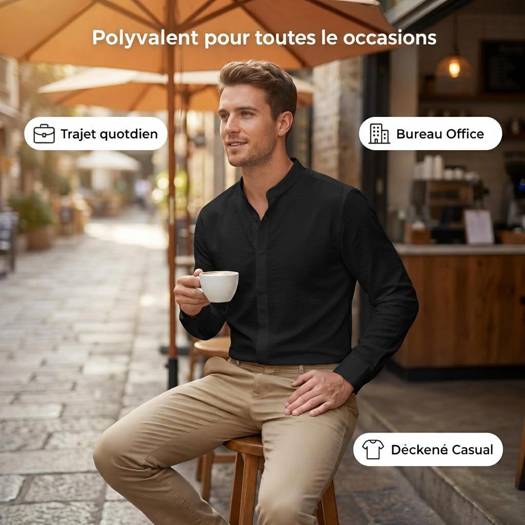 Chemise homme à col montant effet lin - Manches longues décontractées