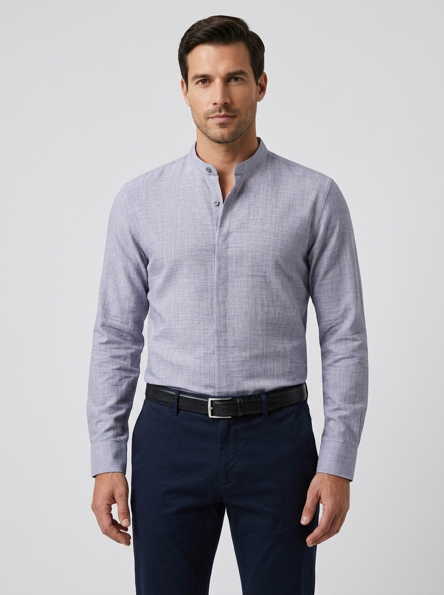 Camisa de hombre con cuello alto y tacto de lino - Manga larga informal