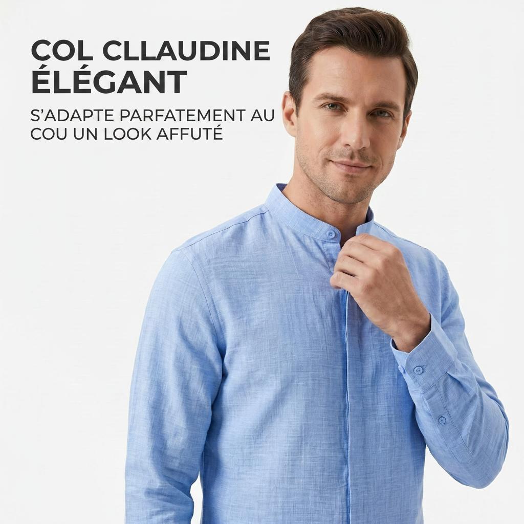 Chemise homme à col montant effet lin - Manches longues décontractées