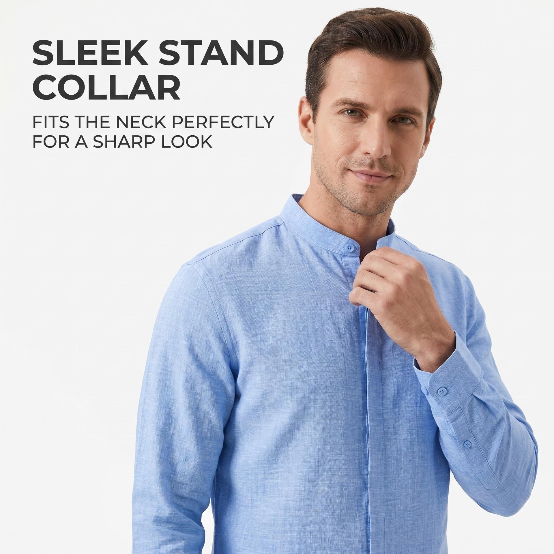 Camisa de hombre con cuello alto y tacto de lino - Manga larga informal