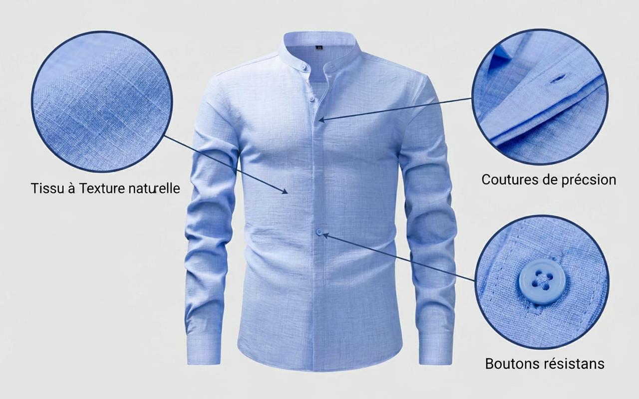 Chemise homme à col montant effet lin - Manches longues décontractées