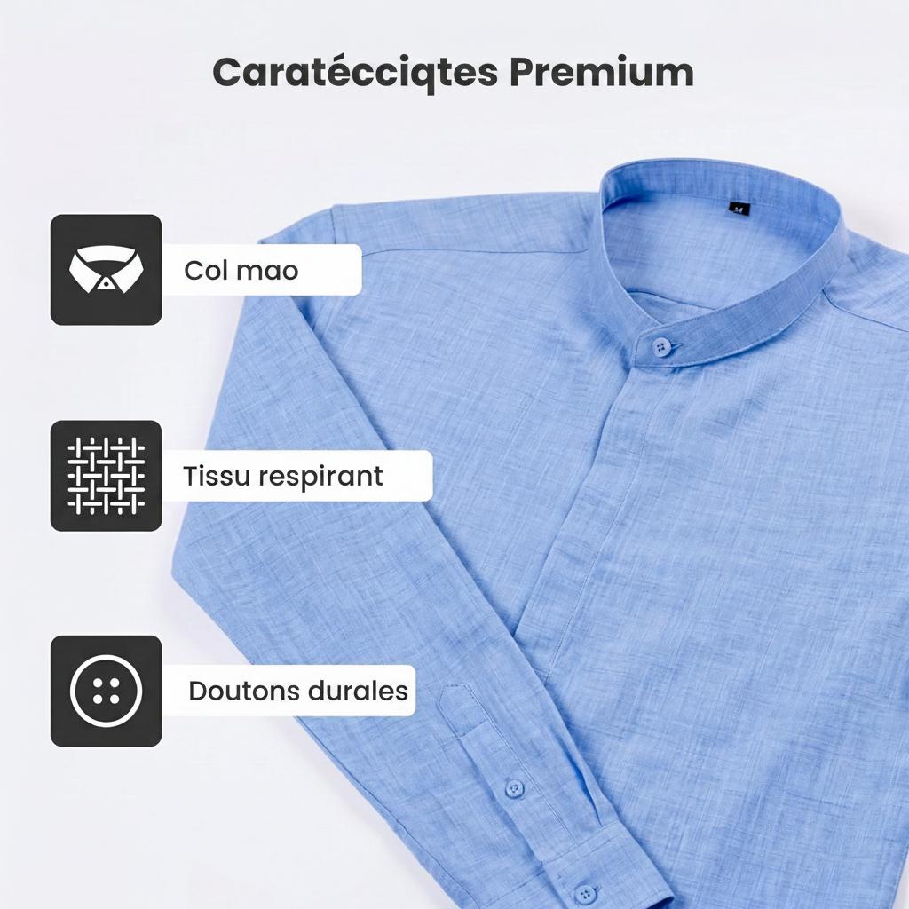 Chemise homme à col montant effet lin - Manches longues décontractées