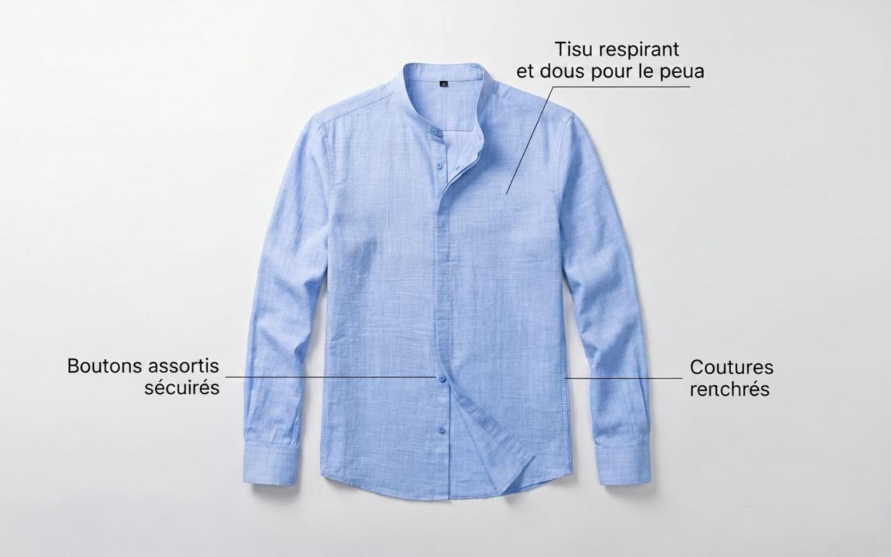 Chemise homme à col montant effet lin - Manches longues décontractées