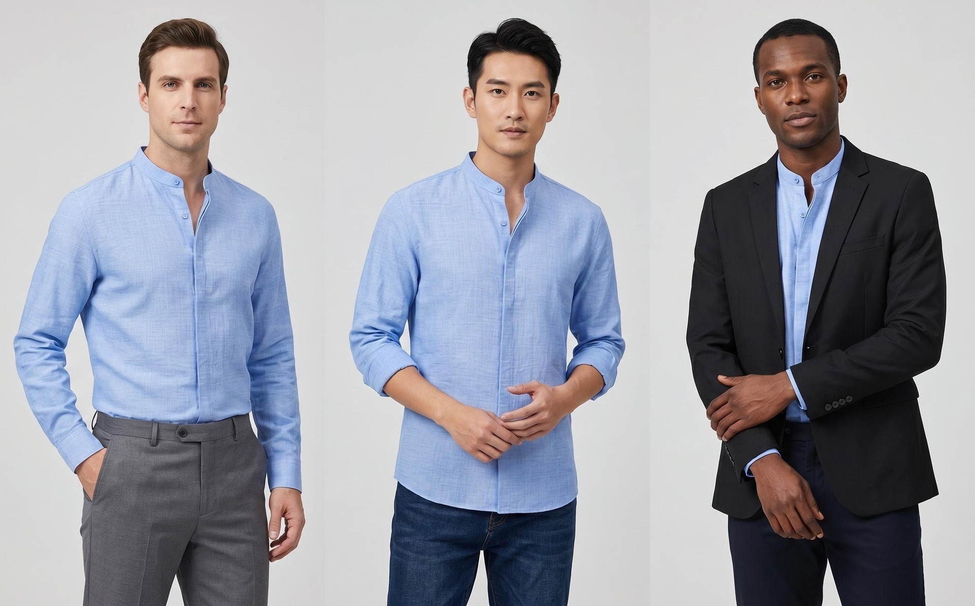 Camisa de hombre con cuello alto y tacto de lino - Manga larga informal