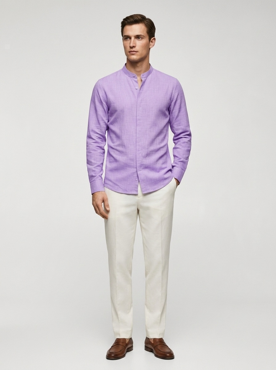 Camisa de hombre con cuello alto y tacto de lino - Manga larga informal