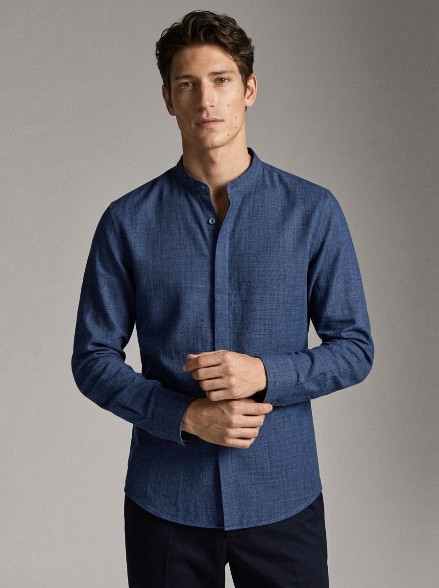 Camisa de hombre con cuello alto y tacto de lino - Manga larga informal